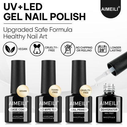 AIMEILI Gel Nail Polish 4pcs, Hema Free, Cruelty Free, Vegan, U V LED Nail Art - Base Coat, No Wipe Top Coat, Nail Dehydrator and Primer