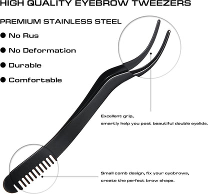 2 in 1 Lash Extension Tweezers with Comb, Stainless Steel Elbow Eyelash Extension Tweezers, Eyelash Tweezers for Lash Extensions, Precise Eyebrow Tweezers Tool for DIY False Eyelashes Clusters, Black
