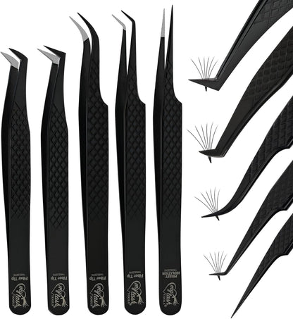 Fiber Tip Lash Tweezers Eyelash Extension Tweezers for Lash Extensions Precision Boot Volume Lash Tweezers Japanese Steel Curved Isolation Tweezer Set fiber grip tweezers (Black, 5pcs)