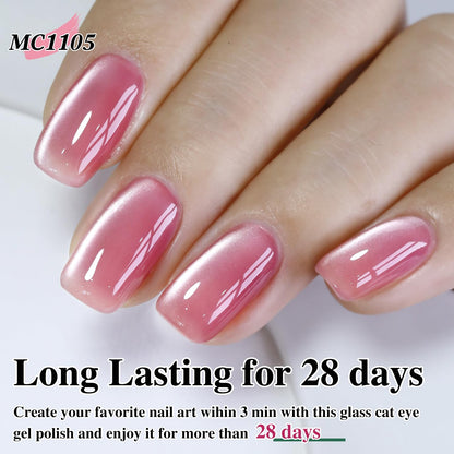 Double Rhythm Jelly Glass Cat Eye Gel Polish with Magnet 15ML Holographic Glitter Shimmer Translucent Sheer Color Magnetic Nail Polish Salon DIY at Home (Jelly Pink-MC1105)