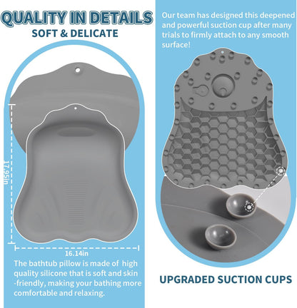 Silicone Bath Pillow for Tub – Ergonomic Bathtub Headrest with Inflatable Air Cushion, Non-Slip Suction Cups & Neck/Back Support – Comfortable Spa Bath Accessory for Relaxation (Grey)