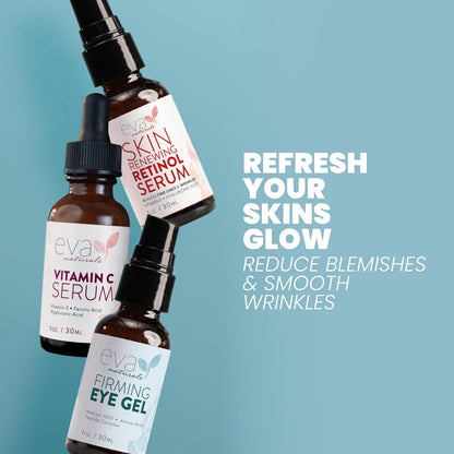 Eva Naturals Facelift in a Bottle - 3-in-1 Anti-Aging Set with Retinol Serum, Vitamin C Serum and Eye Gel - Formulated to Reduce Wrinkles, Fade Dark Spots and Treat Under-Eye Bags - Premium Quality