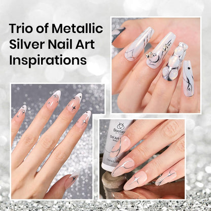 Beetles Metallic Silver Liner Gel Nail Art 7ml French Tip Gel Nail Polish 3D Mirror Chrome Effect Metal Painted Pens for Thin French Swirl Line Nail Art Polish Soak off Uv Lamp Manicure Salon