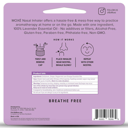 MOXE Lavender Essential Oil Nasal Inhaler, Therapeutic No-Mess Aromatherapy, Relaxation, Naturally Calming, Before Sleep Routine, Uplifts Mood, Pure and Undiluted, Made in USA (1 Pack)