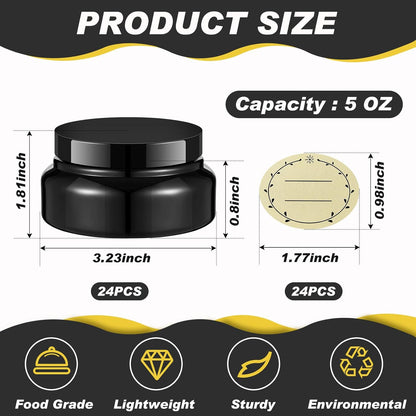 Tessco 24 Pack Plastic Jars with Lids Labels Empty Clear Plastic Jars Round Refillable Cosmetic Containers Body Butter Containers Bulk Sugar Scrub Bottle for Make Up(5 oz,Black)