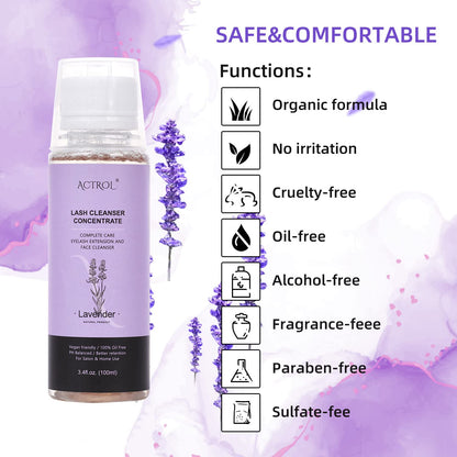 Eyelash Shampoo Concentrate 100ml Lash Extensions Cleanser Concentrate Lavender Foaming Shampoo Paraben & Sulfate Free Wash for Extensions Lashes with Salon Home Care-Makes 60ml Bottles