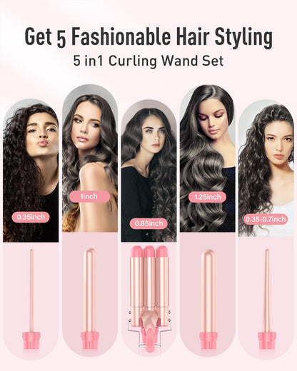 Waver Curling Iron Wand - BESTOPE PRO 5 in 1 Curling Wand Set with 3 Barrel Hair Crimper for Women, Fast Heating Crimper Wand Curler in All Hair Type, Women Gifts - Leather Pink