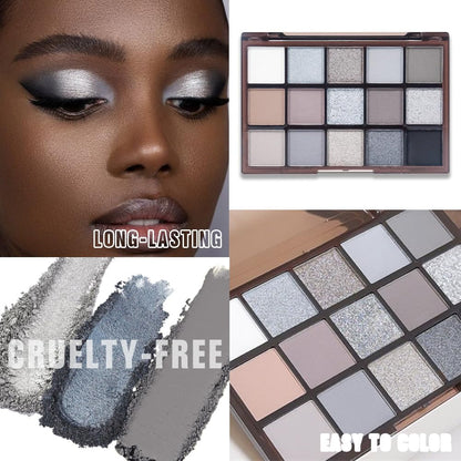 Smokey Black Eye Shadow Makeup Palette,15 Colors Gray Silver Dark Shimmer Matte Makeup Pallet,Long Lasting Waterproof Blendable for Daily and Halloween,Vegan,Cruelty -free
