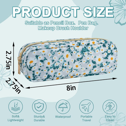 Waterproof Small Floral Pencil Case Makeup Bag for Purse,Cute Flower Pencil Pouch Preppy Nylon Makeup Brush Holder with Zipper,Girls Portable Storage Case for Work(Slim Green-Daisy)