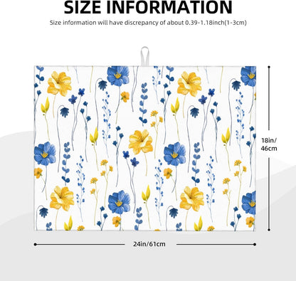 Watercolor Floral Decorative Microfiber Dish Drying Mat for Kitchen Counter 18"x24" Navy Blue Yellow Flower Dishes Pad Dish Drainer Rack Mats Absorbent Washable Reusable