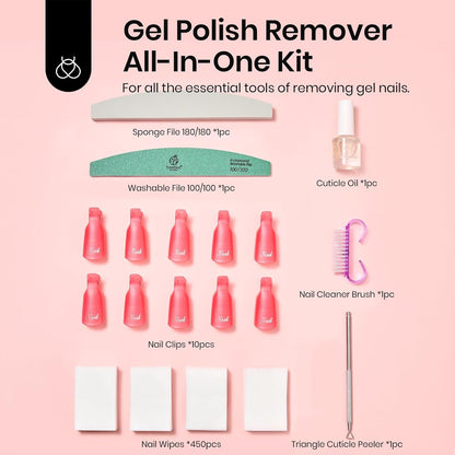 Beetles Gel Polish Remover Kit with 450 Pcs Lint Free Nail Wipes 10 Pcs Gel Polish Remover Clips Cuticle Oil Cuticle Pusher Nail File