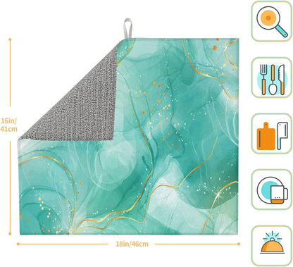 Teal Gold Marble Dish Drying Mat for Kitchen Counter Green Turquoise Dish Drainer Rack Mats 16x18 Inch Absorbent Reversible Modern Drying Pad