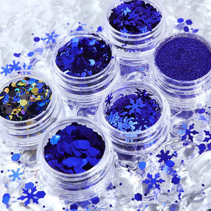6Grids Christmas Nail Art Glitters Blue Nail Sequin 3D Snowflake Butterfly Heart Powder Nail Glitter Sequins Flakes DIY Winter Xmas Nail Decals for Women Girls Nail Art Decoration Accessories