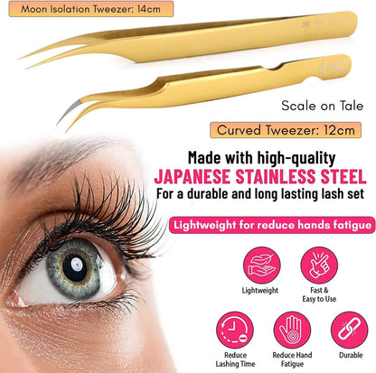 2Pcs Fiber Tip Grip Boot Volume Tweezers and Dolphin Isolation Eyelash Tweezers Set Professional Precision Mink Lashes Fan Making Mega Volume Boot Lashing Tweezers (Gold Set)