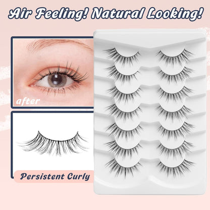 Wispy Eyelashes Cat Eye Lashes Natural Look Fox Eye Eyelashes Thin Band Strip Lashes 15MM False Eyelashes 3D Volume Fake Lashes Pack 7 Pair Siligli