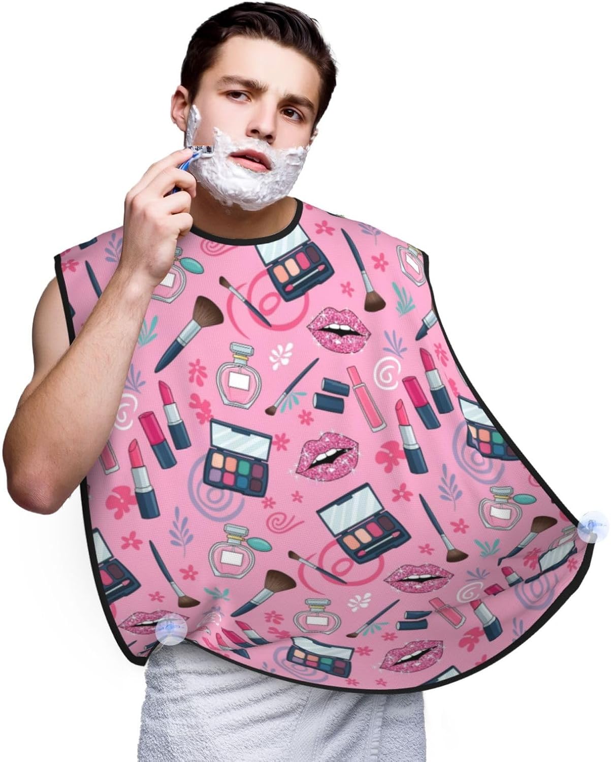 Non-Stick Beard Shaving Bib, Hair Catcher Apron with Suction Cups, Waterproof Grooming Tool for Men Husband, Modern Lady Girly Cosmetic Perfume Lipstick Pink Shave Bib