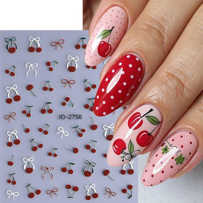 6 Sheets Fruit Nail Art Stickers 3D Self -Adhesive Cherry Strawberry Nail Decals Holographic Lemon Peach Nail Stickers Summer Cute Fruite Nail Decals Decoration for Women DIY Manicure Supplies