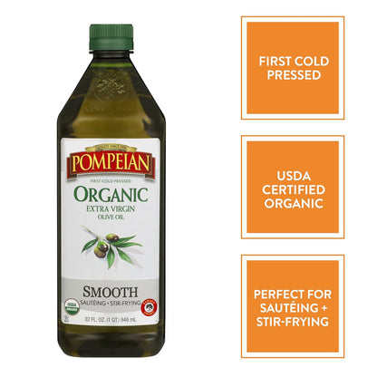 Pompeian USDA Organic Smooth Extra Virgin Olive Oil, Contains Polyphenols, First Cold Pressed, 32 Fl Oz