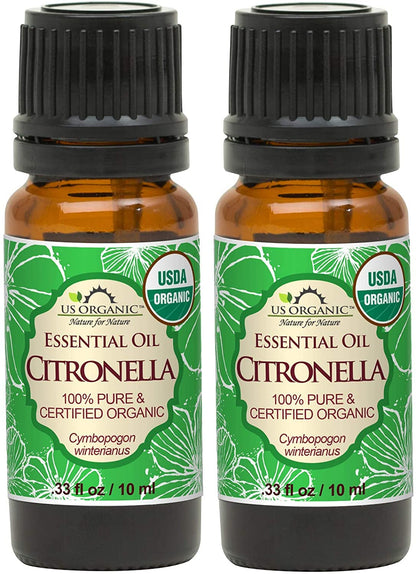 US Organic Citronella Essential Oil, USDA Certified, 100% Pure, 10 ml Pack of 2, Improved caps and droppers – Used for Skin Care, Many DIY Projects Like Candle Making and Much More