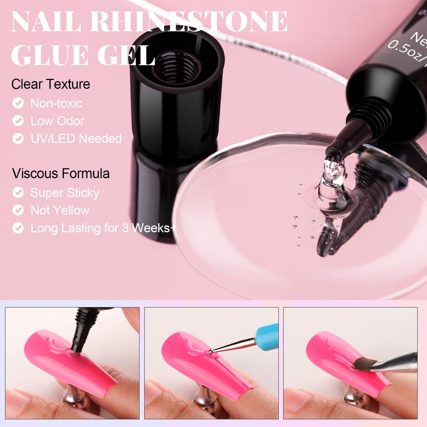 3D Flowers, Manicure Kit with Gel Glue, Colorful Acrylic Flower Nail Charms & Caviar Beads, Rhinestones & Gem Glue (UV/LED Needed) with Pickup & Dotting Tools