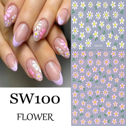 6 Sheets Flower Nail Art Stickers Daisy Nail Art Decals 3D Self-Adhesive Spring Nails Sticker Holographic Pink Blue White Blossom Nails Decal Decoration for Women Floral Manicure Supplies