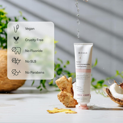 Boka Fluoride Free Toothpaste, Nano Hydroxyapatite Toothpaste, Appropriate for Sensitive Teeth - for Adult, Kids Oral Care - Coco Ginger Flavor, 1.3 Fl Oz 2Pk US Manufactured