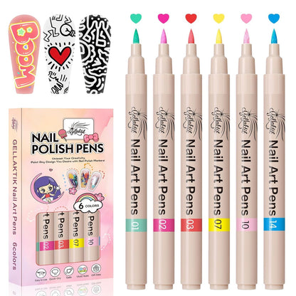 6 Colors Nail Art Pens Set, 3D Nail Polish Pens Quick-Drying Acrylic Paint Markers, Dotting Liner Brush for DIY Nail Design, Home & Salon Manicure Tools