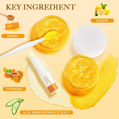 3PCS Turmeric Lip scrub 100g and Turmeric Lip Balm, Lip Scrubber Exfoliator Brush Set, Dark Lips Treatment for Smokers, Natural Exfoliator & Moisturizer Cracked, Dull, Reduce Fine Lines Lips