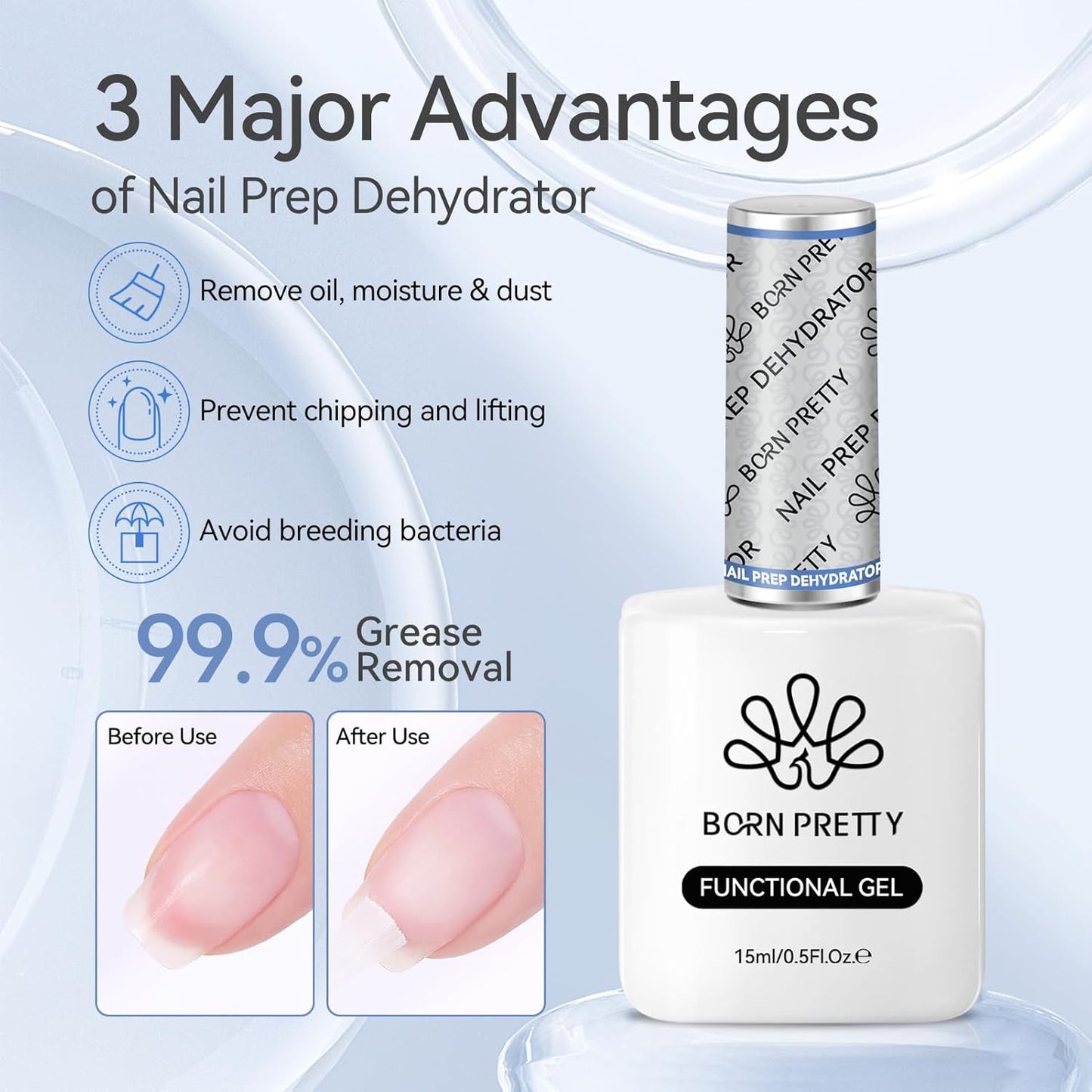 Born Pretty Natural Nail Prep Dehydrate, Acid Free Dehydrator for Acrylic and Gel Polish, Nail Tech Must Haves 15ml