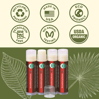 Earth's Daughter USDA Organic Lip Balm 4-Pack Strawberry flavor - Beeswax, Coconut Oil, Vitamin E - Best Lip Repair Chapstick for Dry Cracked Lips.