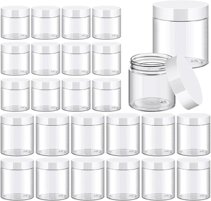 TUZAZO 24 Pack Plastic Jars with White Lids and Labels, 12pcs 8 OZ and 12pcs 4 OZ Round Clear Cosmetic Containers for Body Butter, Body Scrub, Cream, Lotion, Slime Jar, Small Items, Travel Storage