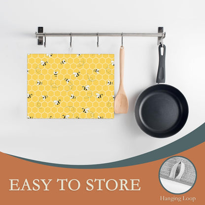 Yellow Bees Dish Drying Rack Mats Decor,Honey Honeycombs Dish Pad Drying Mat Kitchen Counter 18x24 Inch Absorbent Reversible Microfiber for Coffee Bar Sink Countertop
