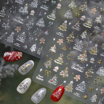 2 Sheets Christmas Nail Art Stickers 5D Embossed Nail Decals Silver Gold Star Bow Gingerbread Man Christmas Tree Nail Stickers Christmas Nail Supplies for Women Girls DIY Manicure Decorations