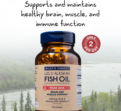 Wiley's Finest Wild Alaskan Fish Oil Peak DHA - 900mg EPA and DHA Omega-3s - 120 Softgels (60 Servings)