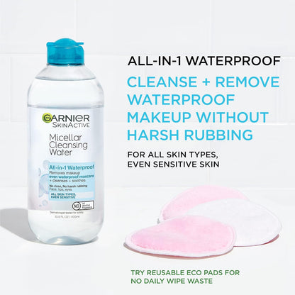Garnier Micellar Water For Waterproof Makeup, Hydrating Facial Cleanser & Makeup Remover, Suitable for Sensitive Skin, Vegan, Cruelty Free, 13.5 Fl Oz (400mL), 1 Count