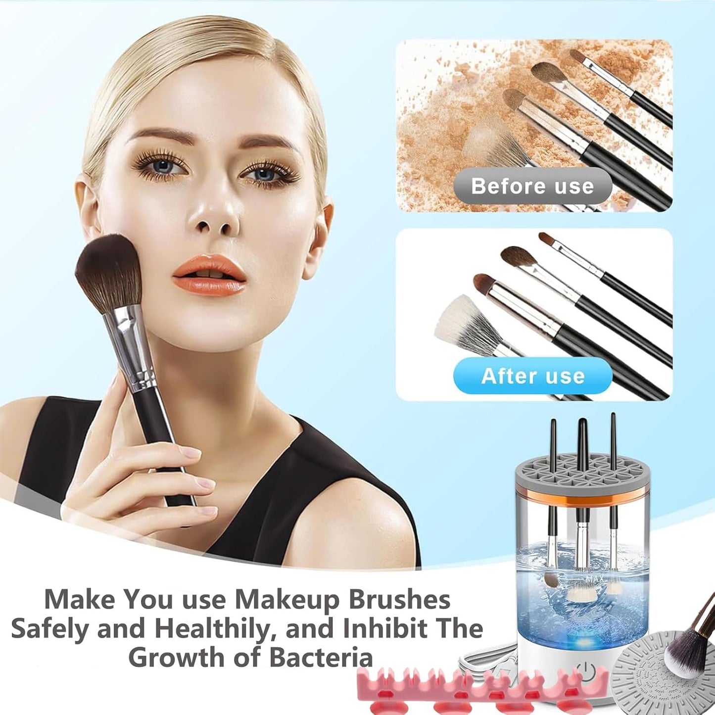 Makeup Brush Cleaner Machine, Portable Electric Makeup Brush Cleaner, Efficient Deep Cleaning Makeup Brushes, Automatic Spinning Make Up Brush Cleaner Fit for All Size Cosmetic Brush (White)