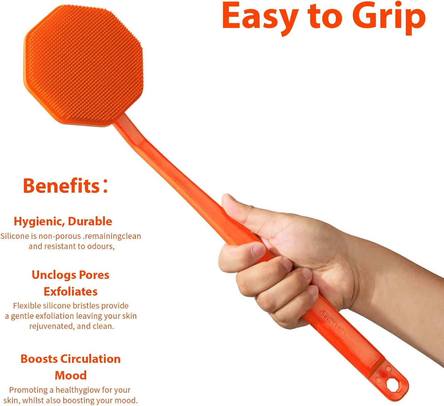 iTokGoK® Silver-Infused Silicone Back Scrubber with Long Handle Back Brush for Shower,Back Brush Long Handle for Men and Women,Ergonomic No-Slip Handle, Long-Lasting (Orange)
