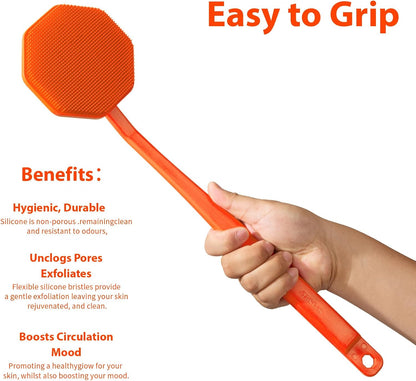 iTokGoK® Silver-Infused Silicone Back Scrubber with Long Handle Back Brush for Shower,Back Brush Long Handle for Men and Women,Ergonomic No-Slip Handle, Long-Lasting (Orange)