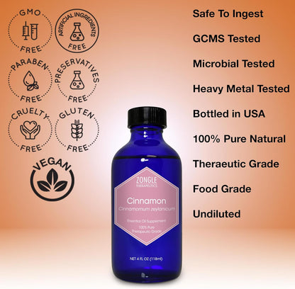 Cinnamon Essential Oil, Food Grade, for Candy, Cooking, Baking – 100% Pure, Edible, Cinnamon, Leaf, Oil, by Zongle Therapeutics, 4 OZ