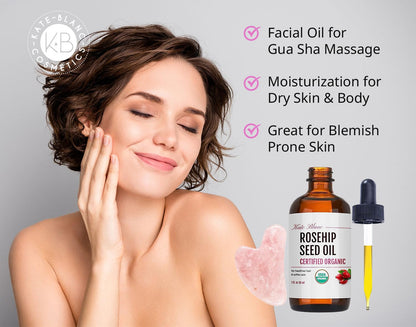 Kate Blanc Cosmetics Rosehip Oil for Face with Pink Gua Sha Stone (1oz, Organic, Pure, Cold Pressed) Rosehip Seed Face Oil for Gua Sha Massage