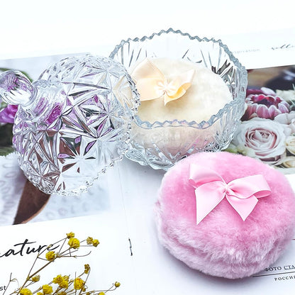 Luxury 4 Inch Glass Loose Powder Container with 2 Soft 3.5" Puffs｜Non-Sealed Refillable Organizer Storage for Body Powder Makeup & Jewelry & Setting Applicator(Crown-Clear)
