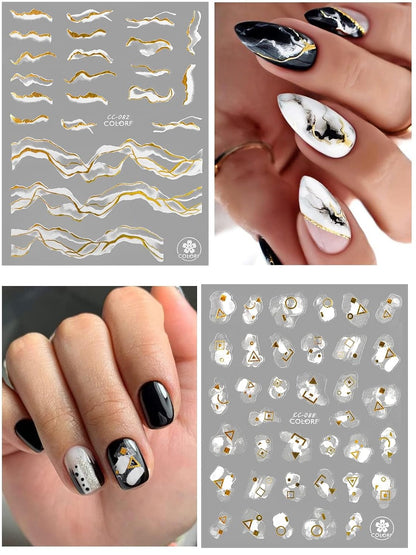 12 Sheets Nail Art Stickers Decals,TOROKOM Self-Adhesive White Black Gold Stripe Line Nail Decals Marble Wave Nail Sticker Supplies for 3D Nail Design Nail Accessories for Women French Nail Decoration