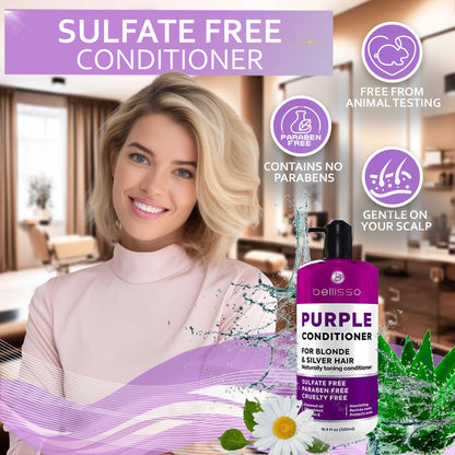 Purple Conditioner for Blonde Hair - Sulfate and Paraben Free Toner - No More Orange and Yellow Brassy Tones - More Balance for Color Treated, Bleached, Silver, White and Gray Hair - Women and Men
