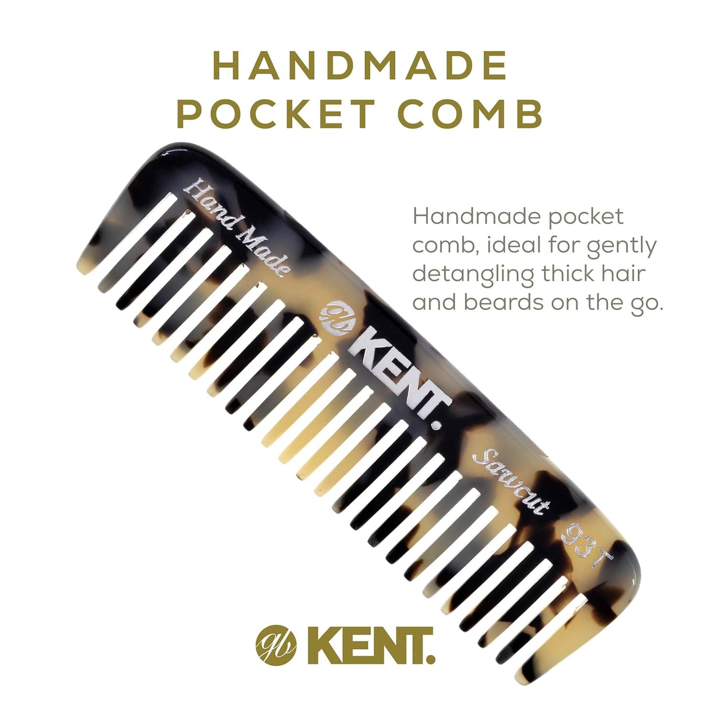 Kent 93T White Tokyo Wide Tooth Small Comb for Men's Mustache and Beard Grooming, Pocket Sized Detangler Travel Comb, Saw-Cut and Polished, Handmade in England