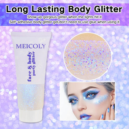 MEICOLY Sparkling Blue Body Glitter,Halloween Face Glitter,Color Changing Glitter Gel for Body,Face,Hair,Lip,Eye,Long Lasting Sequins Glitter Face Paint,Festival Party Glitter Makeup,50ml
