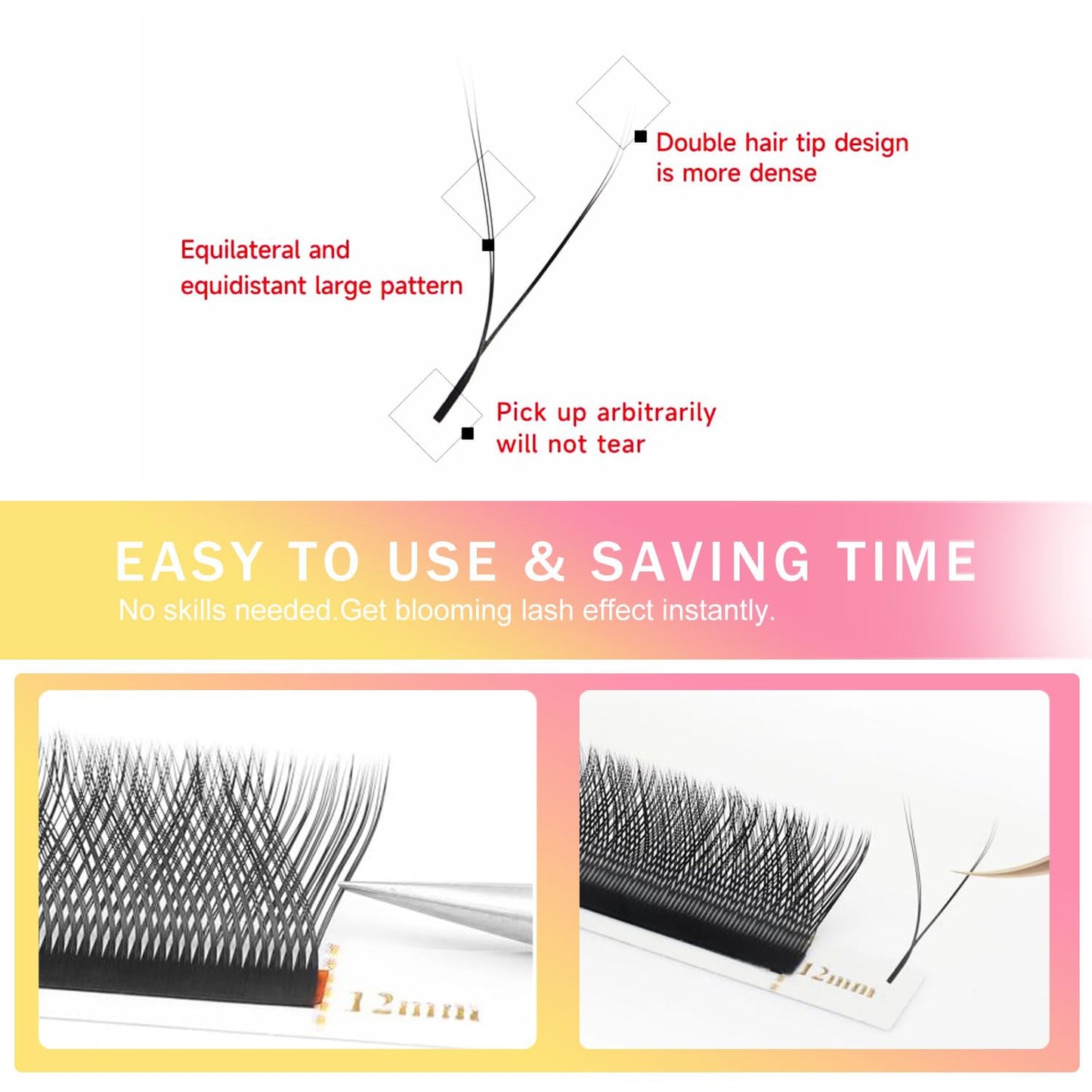 YY Lash Extensions Supplies Y Eyelash Extensions 0.05mm Thickness C Curl 11mm Premade Fans 4D Russian Volume Matte Black 12 Rows Crisscross Eye Lashes(YY-0.05-C,11mm)