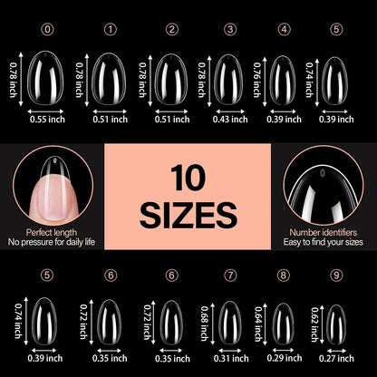 AILLSA Short Almond Nails 504PCS Clear Gel Nails Tips Press on False Soft Nails Tip Full Cover Fake Gelly Nails Tips for Nail Extension DIY Home Salon Gift, 10 Sizes Preshaped Nail Tips
