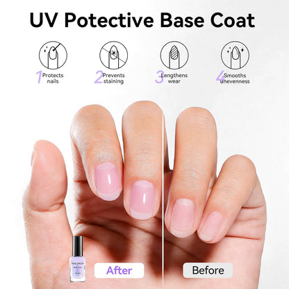 Anti-UV Base Top Coat, 2PCS Calcium & VE Base Strengthening High Shine Top Coat Clear Nail Polish, Chip Resistant Quick Air Dry Protects Color & Nails Prevents Discoloration Manicure Gift