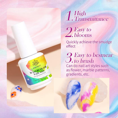Born Pretty Nail Blooming Gel, 15ml Clear Clear U V Led Blossom Gel Polish for Spreading Effect Marble Natural Stone Watercolor Floral Print Nail Art DIY Design Manicure Valentine's Day Gift