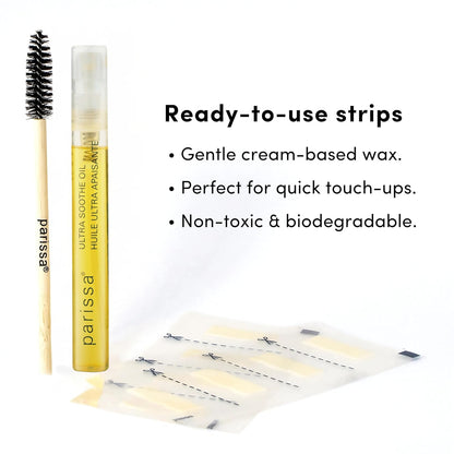 Parissa Eyebrow Wax Strips | Biodegradable & Fragrance-Free | Ready-to-Use Hair Removal Kit for At-Home Brow Waxing, Gentle on Sensitive Skin with Post-Wax Ultra Soothe Oil | 32 Strips (16 x 2)